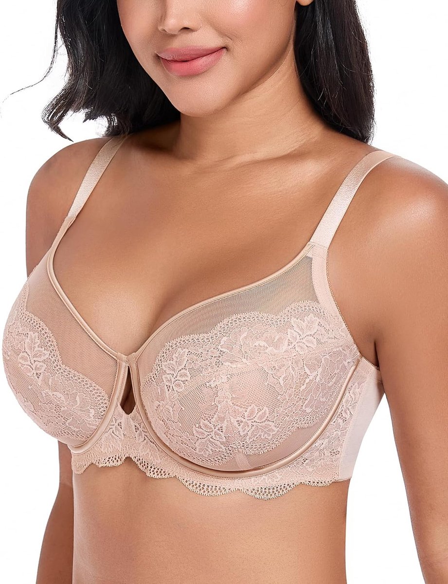 Damesbeha met beugel, kant, ongevoerd, grote maten, ondergoed, minimizer, doorzichtig, comfort, aantrekkelijk