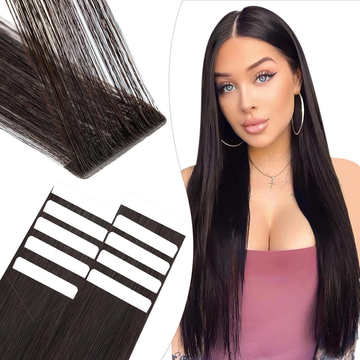Tape Verlenging Voor Echt Haar #1B Natuurlijke Zwart, 10 Stuks Onzichtbare Lijm Haar Verlenging 25g, 50cm Gestikt Onzichtbaar Haar Glad
