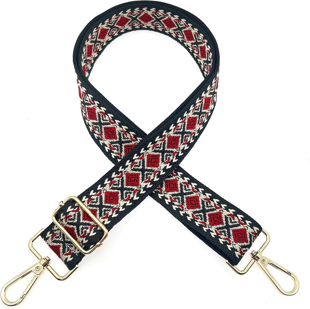 Boheemse stijl zwart-rode verstelbare brede stoffen tasriem met clips voor handtas, schoudertas riem, vervanging van crossbody tasriem