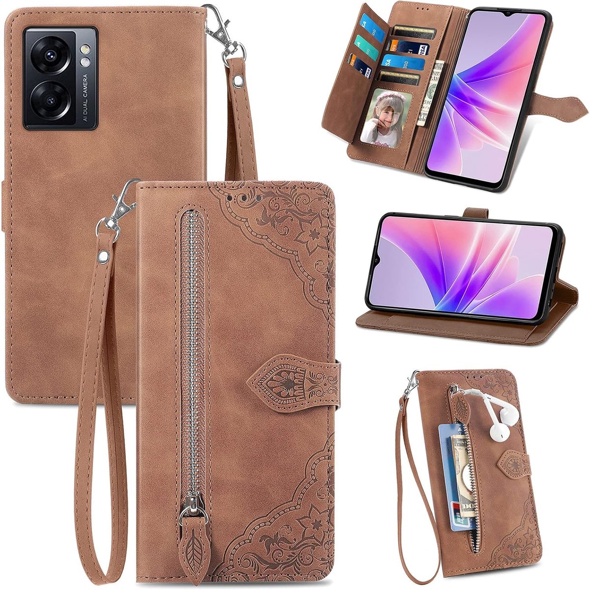 Compatibel met OPPO A77 5G / K10 5G / Realme Narzo 50 5G / V23 / Q5i, PU-lederen klaphoesje, met polsbandsluiting, standaard, TPU-schokbestendige beschermhoes voor OPPO