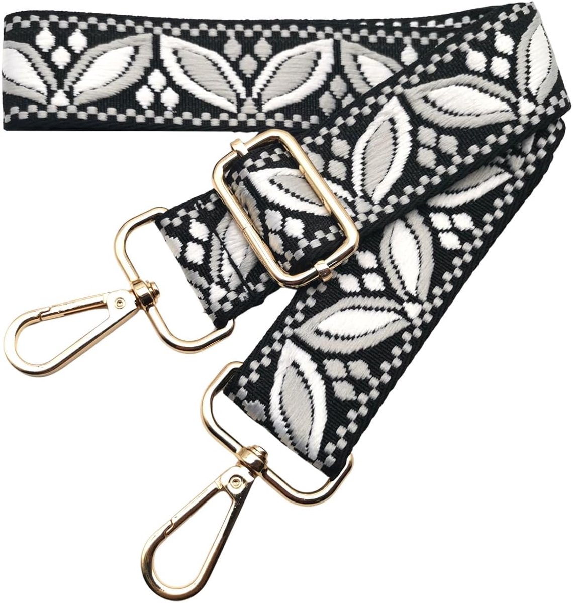 Tasriem om te wisselen, brede schouderriem voor damestassen, 3,8 cm, tasriem met goudkleurige karabijnhaak, schouderriem voor dames, moderne crossbody, handtas, zwart-lichtgrijs, 625