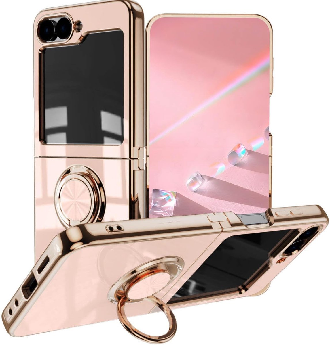 Schokbestendige hoes voor Samsung Galaxy Z Flip5 (Flip 5) 5G, ultradunne zachte premium TPU-bumper van zijdezachte siliconen met elegante elektroplating Penh 360°-ringstandaard, lichtroze