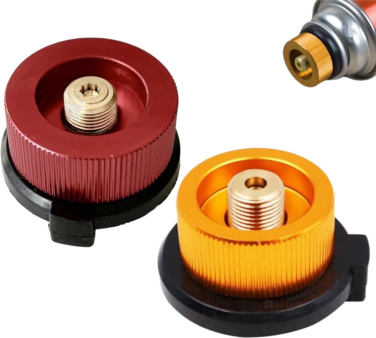 2 stuks gasflesadapter voor butaanbus naar schroefpatroon, campingfornuis, connector gasnavuladapter, universeel messing mondstuk, voor buiten wandelen BBQ