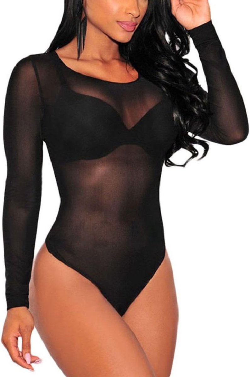 Body voor dames, sexy lange mouwen, doorschijnende gaasstof, doorschijnend gympakje, body-topje turnpakje