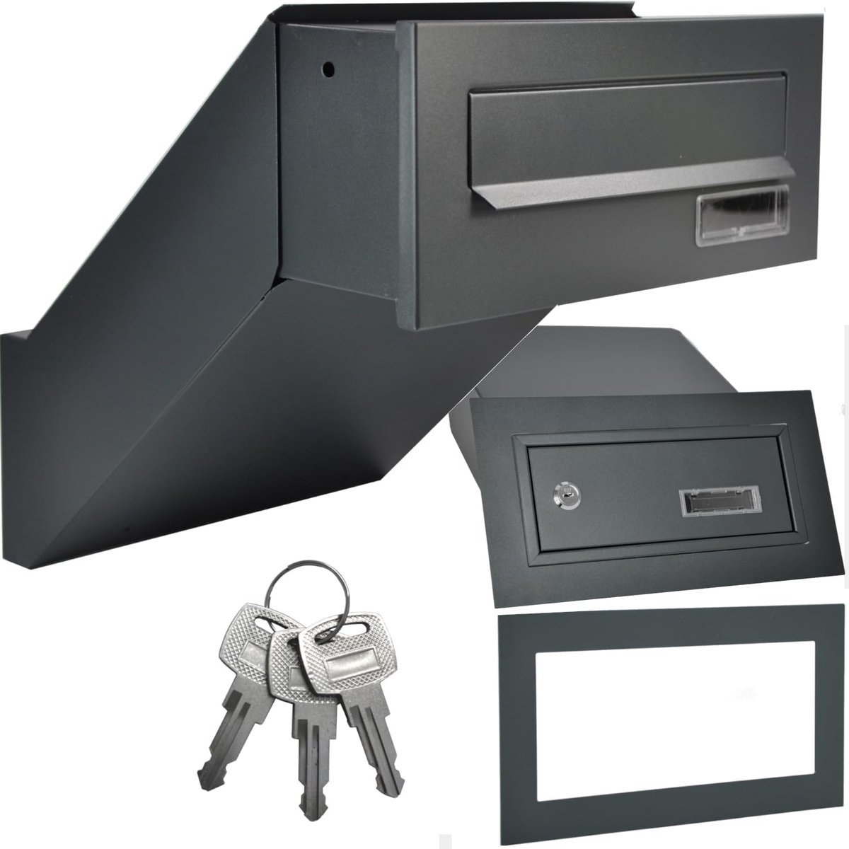 Muur doorvoer brievenbus met frame inbouwbrievenbus antraciet RAL7016 | Wanddikte 260-420 mm, weerbestendig, frontplaat 285 x 110 mm, plaatstaal, gepoedercoat, A4-sleuf incl. 3 sleutels