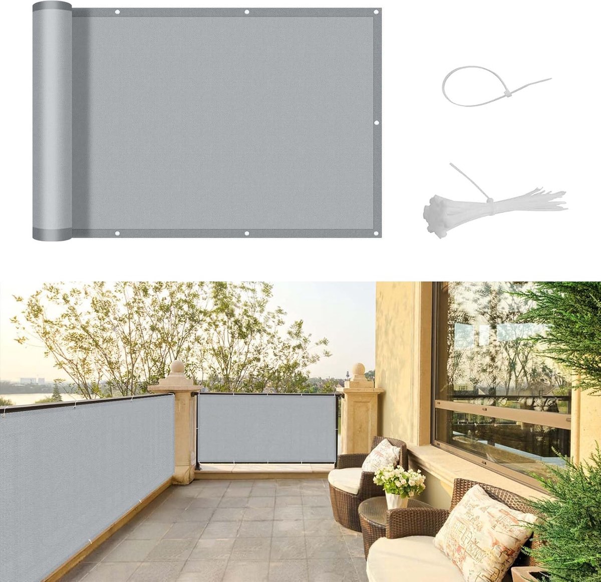 Balkonscherm 75x300cm Waterdicht Balkonafdekking Inkijkbescherming Ondoorzichtig Balkonomranding Met Oogjes Windscherm UV-bescherming Voor Balkon Tuin Terras,Grijs