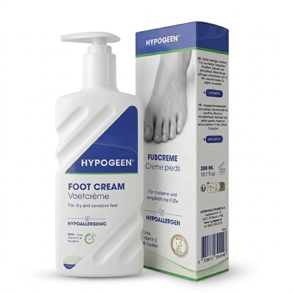 Hypogeen Voetencrème - Voetcrème voor Zeer Droge Voeten - Met 5% Ureum, Ceramiden, Ectoïne & Squalaan - Parfumvrij - Pompflacon 300 ml