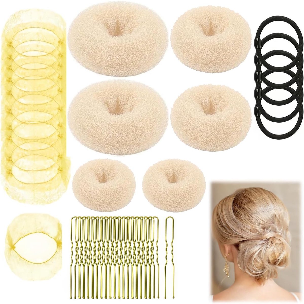 71-delige Knotjesmaker Set - Haarknotset in Verschillende Maten met Schuifspeldjes, Haarnetjes en Elastiekjes voor Dames en Kinderen, Beige