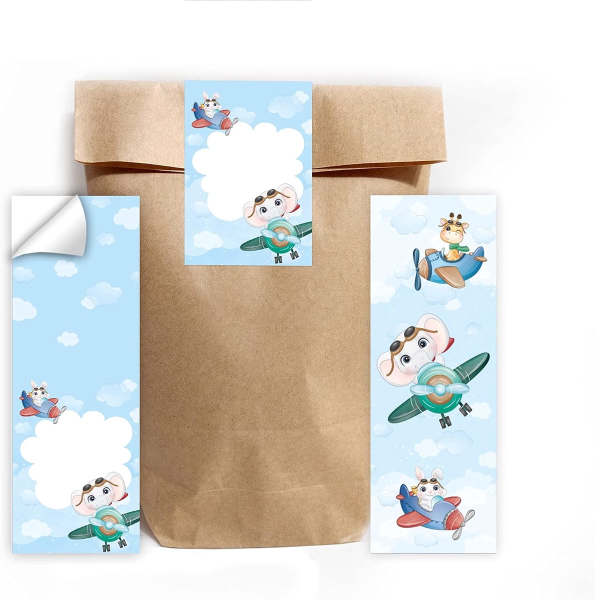 12 bladwijzers + 12 geschenkzakjes (natuur) + 12 stickers dieren olifant giraffe cadeautjes gastgeschenk voor kinderverjaardag meisjes jongens