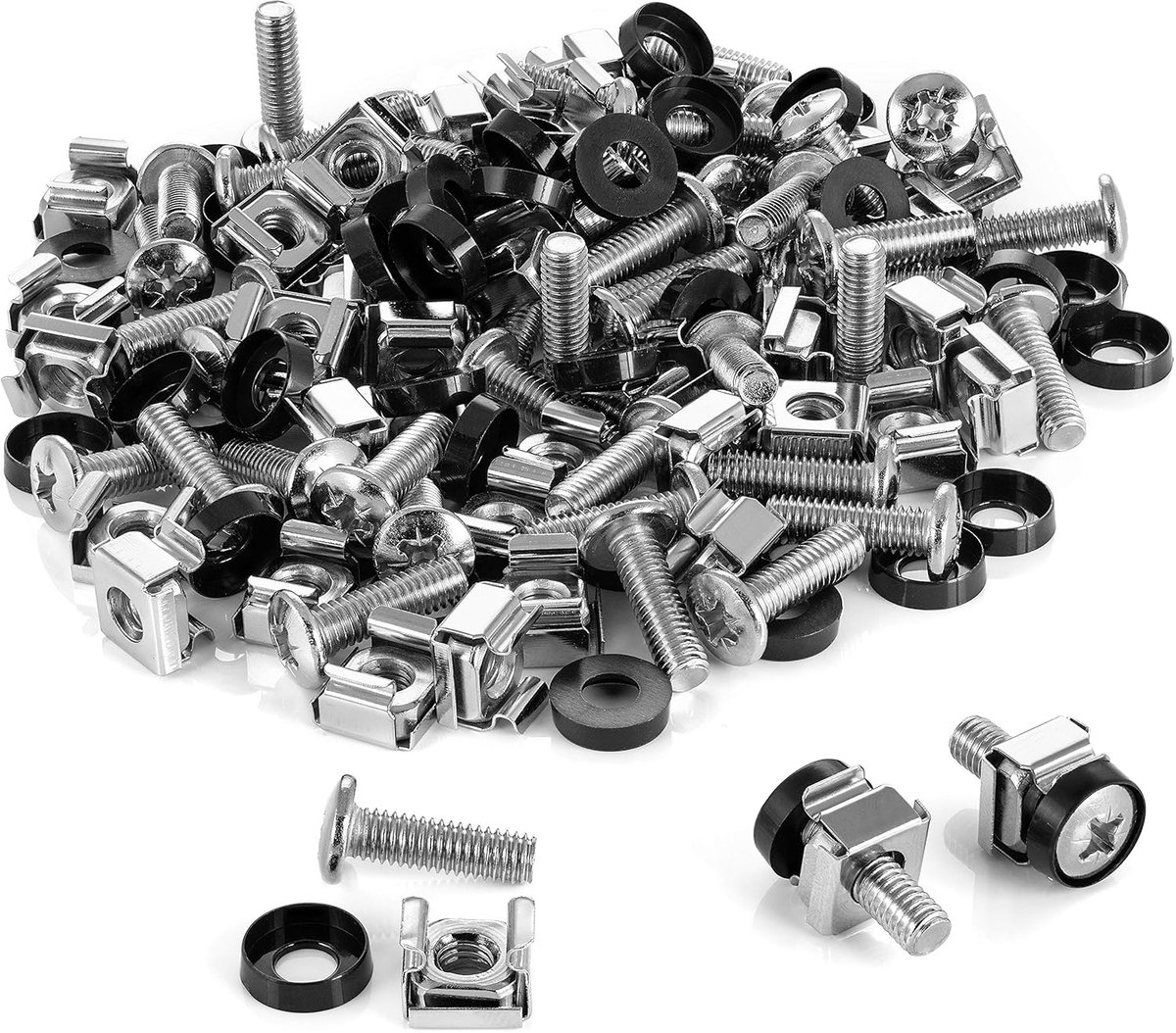 M6 x 20 mm Rack Schroeven & Kooimoeren Set voor 10″ en 19″ Serverkast (100 Stuks) Patchkast incl. Sluitringen