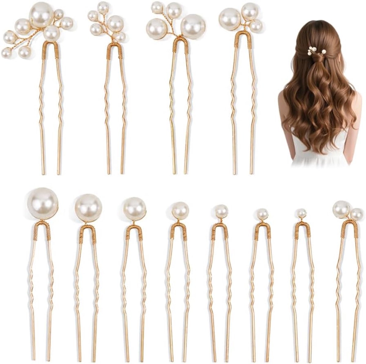 Haarspelden met parels, 12 stuks, elegante haarspelden, goudkleurig | Materiaal van kunststof en legering, U-vormig design, valt nauwelijks af, voor bruiloften, verjaardagsfeesten, afspraken