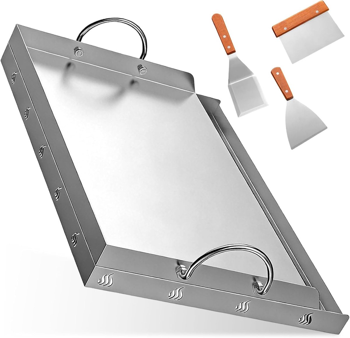 plaat met kanaal, spatel en handgrepen, rechthoekige grillplaat, 2 mm dik, universeel, grillplaat, gasgrill, draagbare familiebarbecue-accessoires, voor gas- en kolengrill