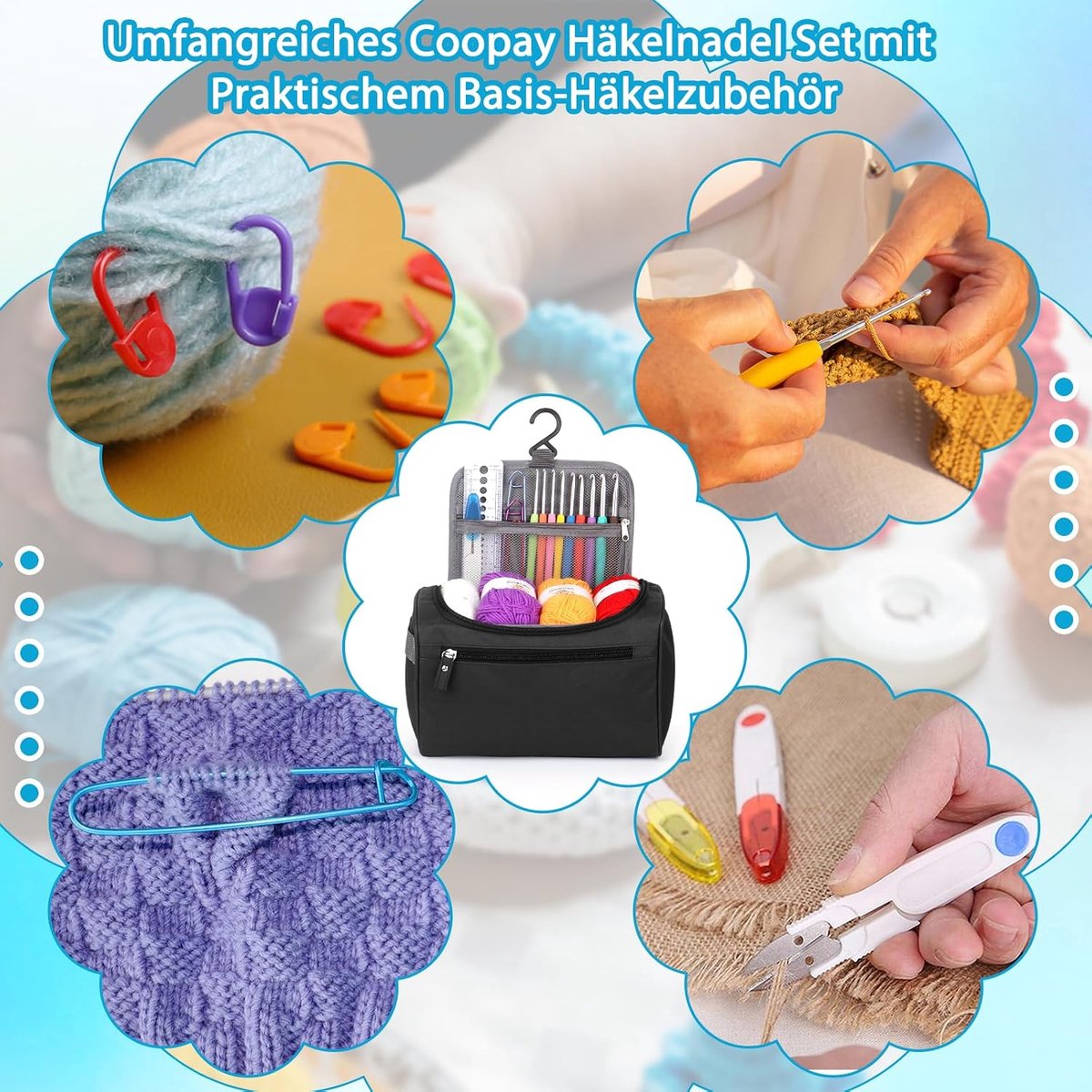 Draagbaar haakset voor beginners, haaknaalden set met 15 wol, tas, haakaccessoires, ergonomische haaknaalden met zachte greep en metalen haaknaald, 2,0-10 mm praktische haaknaalden, zwart