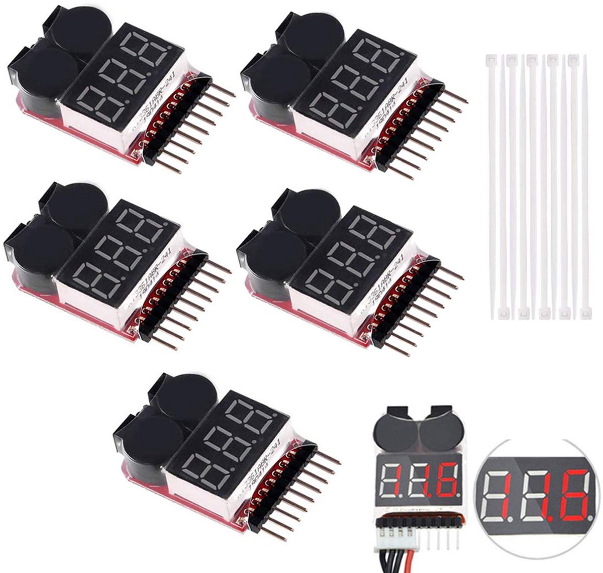 5PACK 1-8S Laagspanningsbatterij tester Zoemer Lipo Voltage Indicator Checker met Lipo Batterij + Nylon Zip Ties