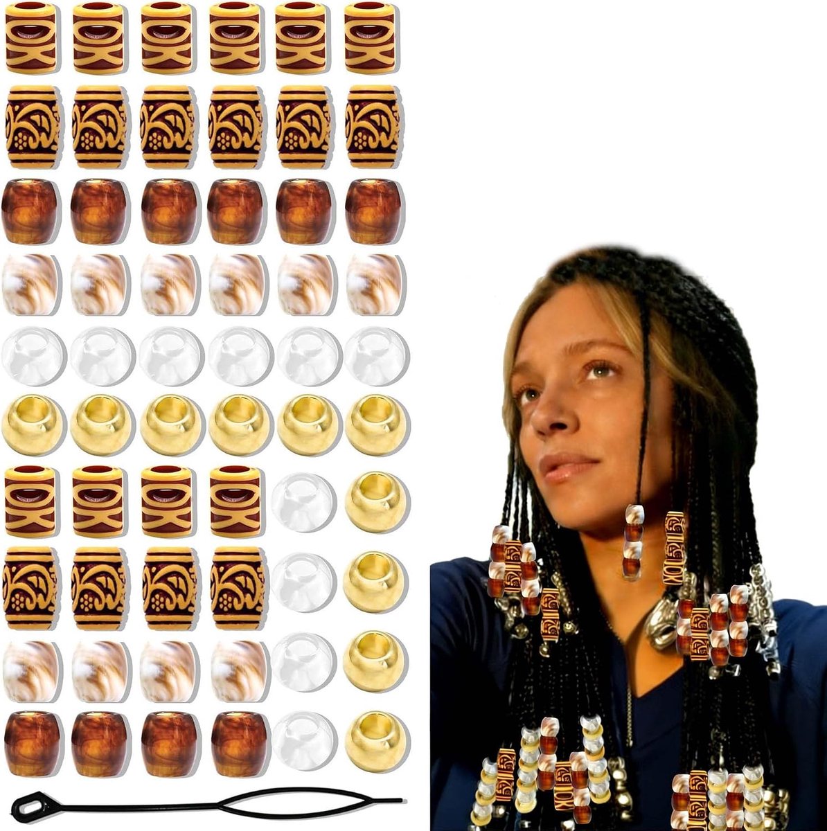 60 stuks haarkralen dreadlock kralen dreadlocks sieraden haarsieraden voor dreadlocks hout-imitatie haarkralen decoratie voor haarsieraden, festivals, feesten, doe-het-zelf haarsieraden