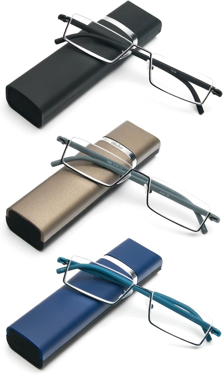 Leesbril met ultralicht TR90-montuur, leeshulp, halve bril van metalen frame met half frame, zichthulp met brillenkoker voor dames en heren