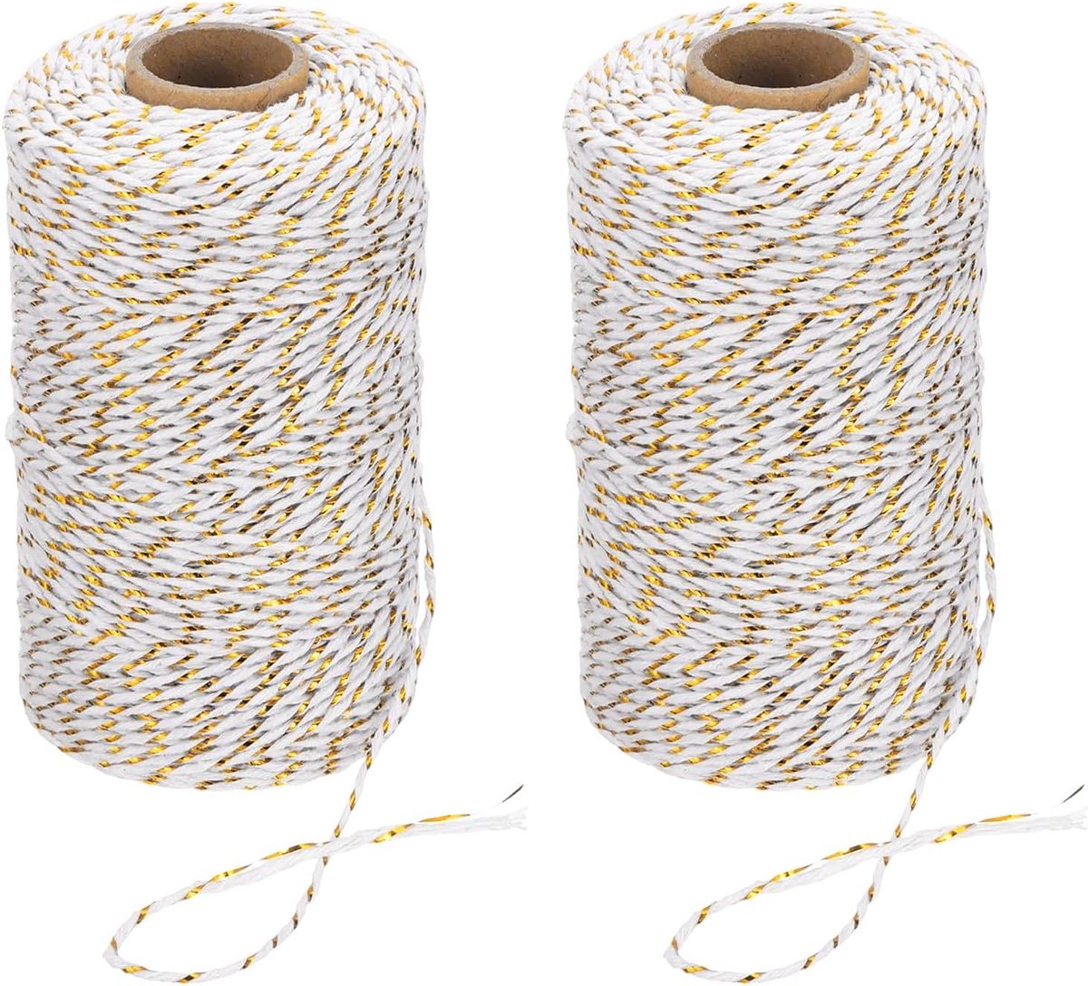 Katoenen slagerstouw, 2 mm x 109 yard, 2 rollen katoenen bakkers touw touw touw koord voor geschenkverpakking, kunst ambachten, feestdecoraties, tuinieren, goud wit