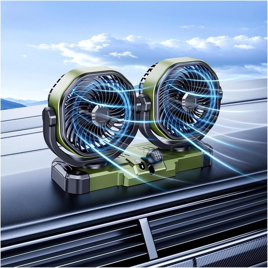 Dubbele Autokoelventilator - Ventilator Auto Dubbel - Auto Koelen - 360 Graden Draaibaar - 12V - Zwart — afbeelding 2