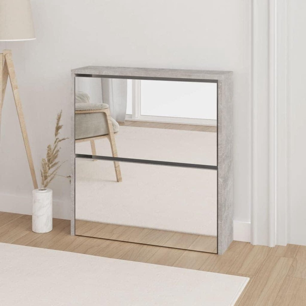 Schoenenkast met Spiegel - Schoenenopberger Schoenenrek - Entree Organiseren - Dubbellaags Ontwerp - 63x17x67 cm - Betongrijs