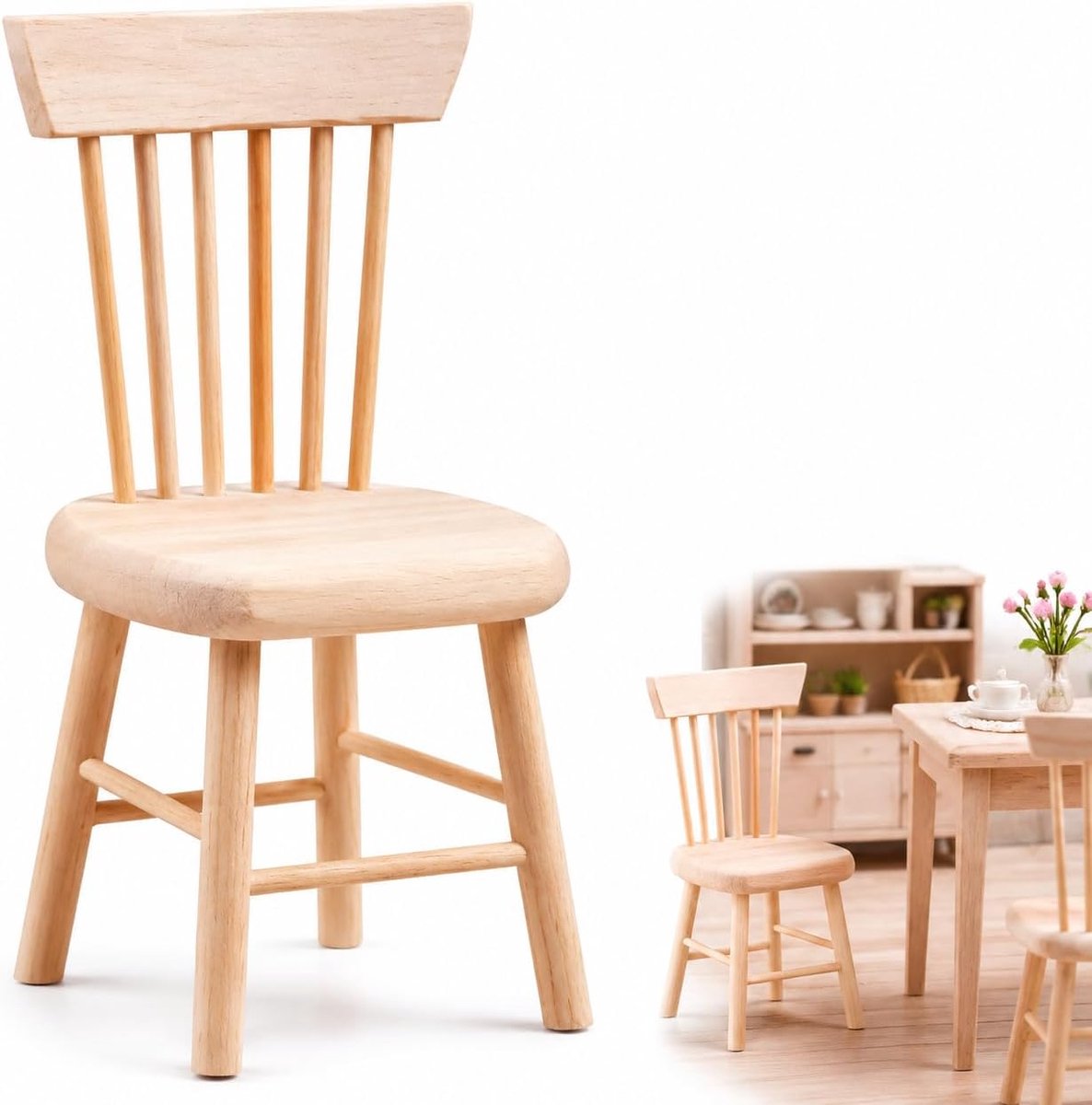 Miniatuurmeubelset 1:12 schaal - Houten keukenset met stoelen - Gedetailleerde accessoires - SnelShoppen