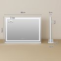 Afmetingen van de rechthoekige LED spiegel: 80x56cm. Zijaanzicht toont diepte van 9cm.