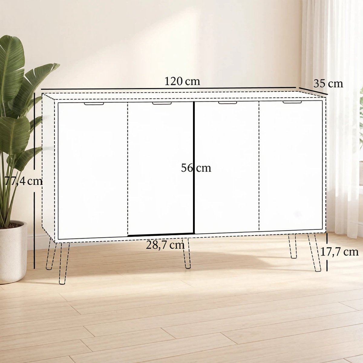 Dressoir Met Vier Deuren En Verstelbare Plank - Ruime Opbergkast Voor Woonkamer En Eetkamer - Wit - 120x35x77,4 Cm