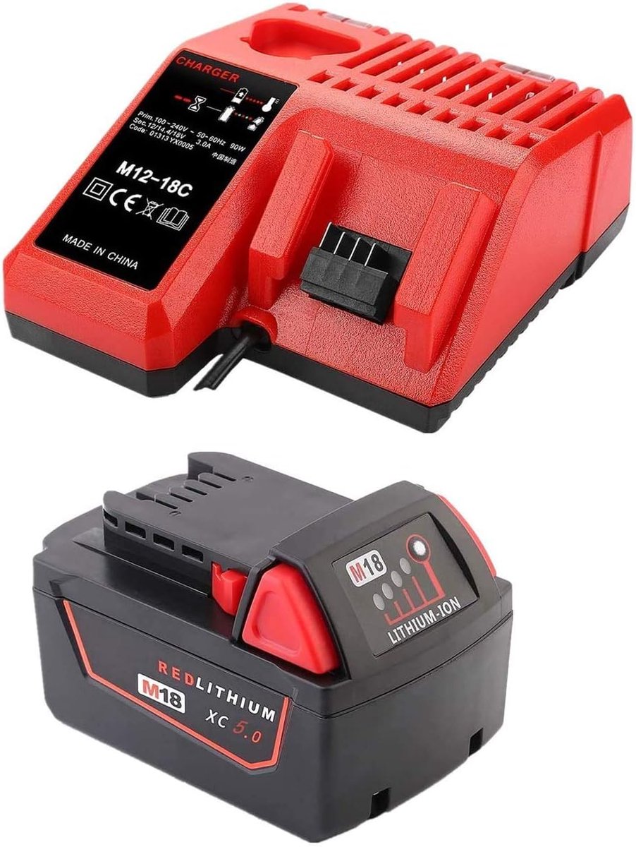 Replacement Battery 18 V 5.0 Ah M18B5 with Charger for Milwaukee M18, M18BX, M18B4, M18 XC, M18B9, 48-11-1828 - ShopVlot