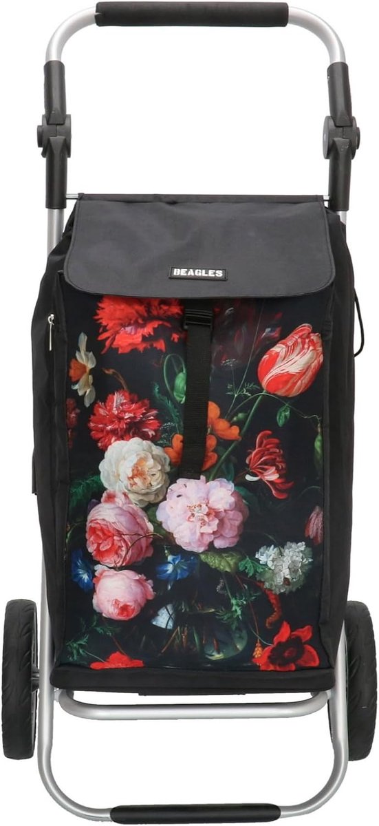 Shopping trolley bloemen zwart - lichtgewicht - handig voor boodschappen - Beagles Alberic - ShopVlot