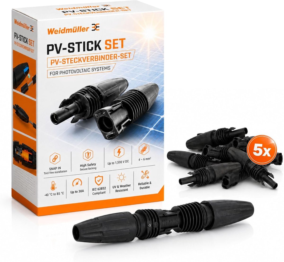 PV connectors set 1500 V DC - SNAP-IN technologie - voor kabels 4 mm² tot 6 mm² - veilige verbinding - ShopVlot