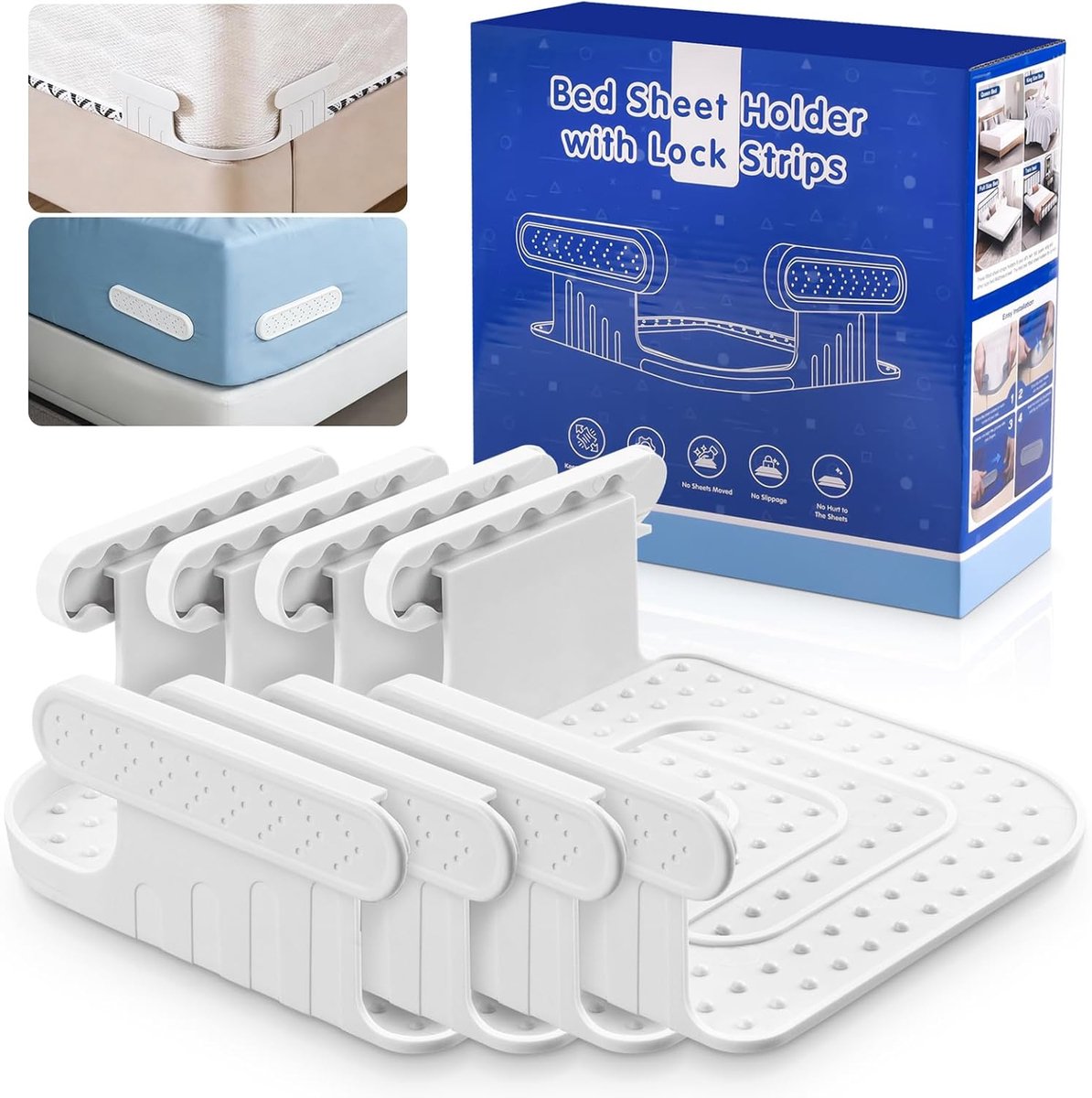 Bedlakenshouder met bevestigingsstrips - wit - eenvoudig aan te brengen - houdt lakens strak - ShopVlot