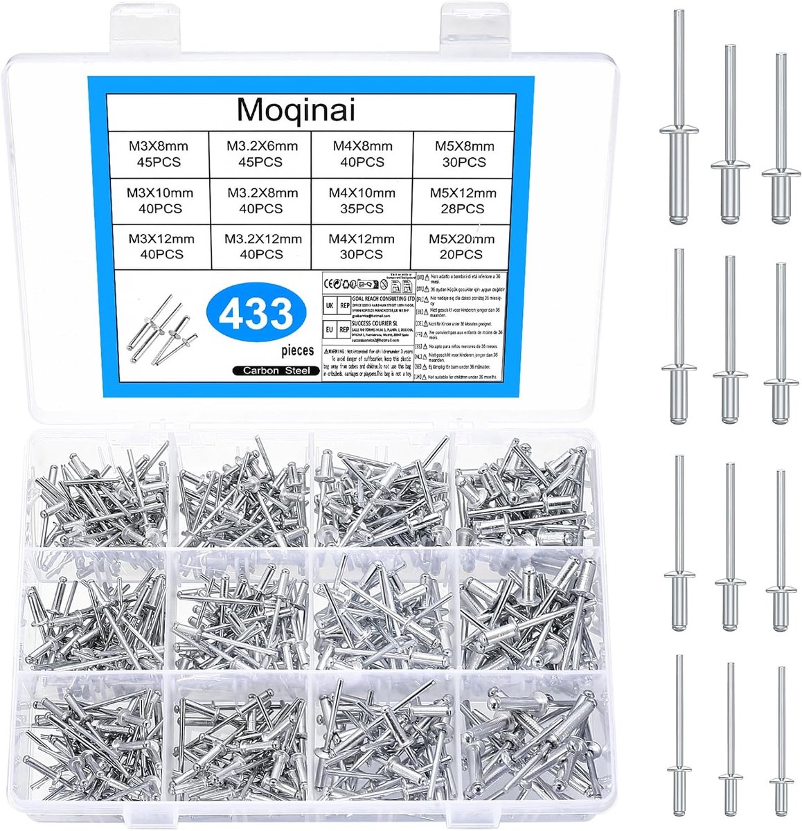 Blindnieten set 433 stuks - Aluminium met grote flens - Voor metaal, hout en kunststof - ShopVlot