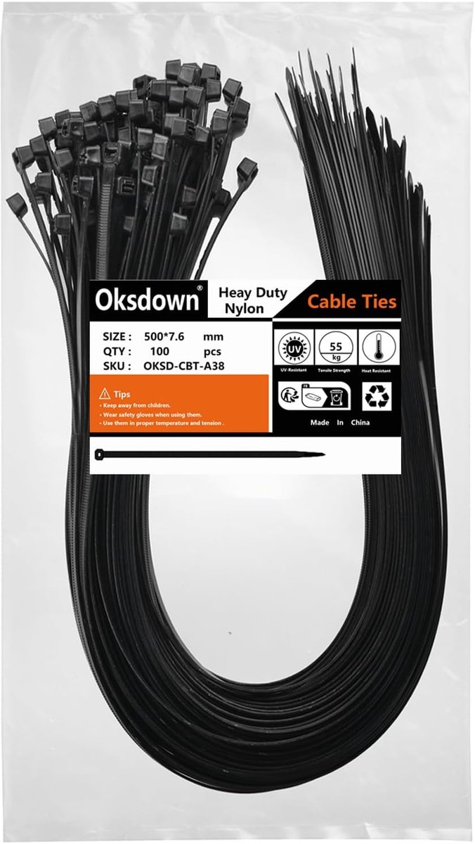 Kabelbinders 100 stuks 500 mm - Zwart nylon - Sterkte 55 kg - Perfect voor kabelbeheer - ShopVlot