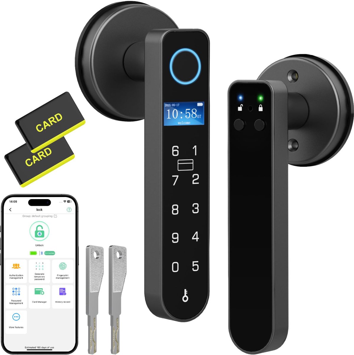 Vingerafdrukdeurslot biometrisch - met APP en codes - back-upsleutel en kaarten - ideaal voor hotel en kantoor - ShopVlot