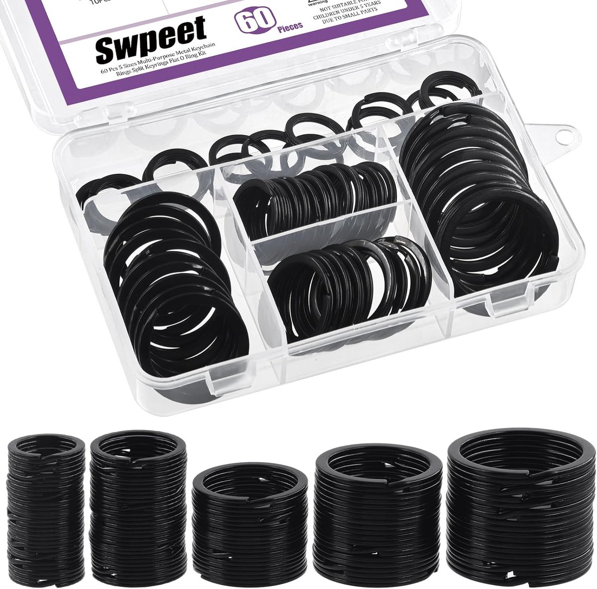 Sleutelhangers 60-delig - Assortiment maten - Metalen splitring - Perfect voor sleutels en DIY-projecten - SnelShoppen
