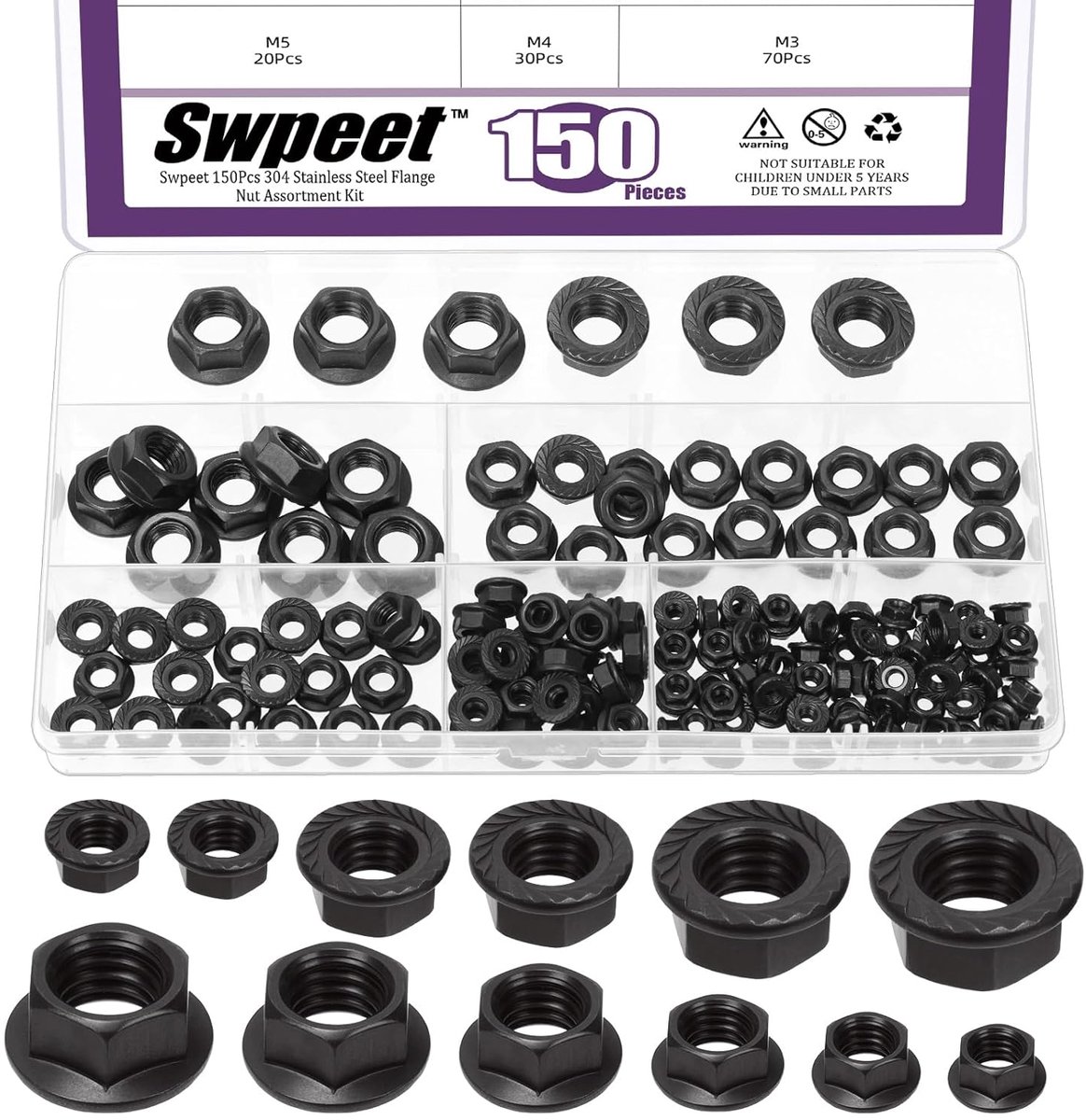 Flensmoeren set 150 stuks - M3 M4 M5 M6 M8 M10 - 304 roestvrij staal - handig voor mechanische toepassingen - SnelShoppen
