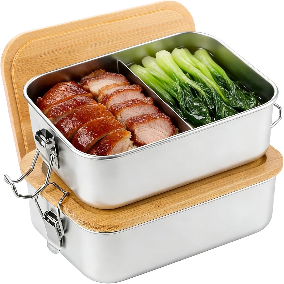Lunchbox RVS 850 ml - Houten Deksel - 2 Compartimenten - Voor School en Uitstapjes - SnelShoppen