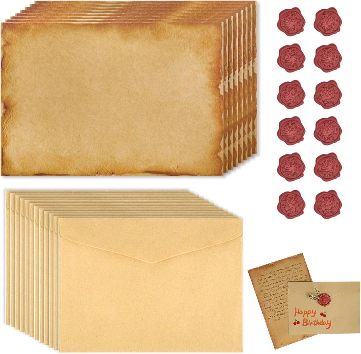 Vintage schrijfwaren set - 40 stuks - 16 A5 papier, 12 vintage enveloppen - ideaal voor liefde brieven - SnelShoppen