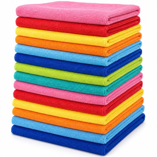 Pile de treize chiffons en microfibre colorés en rose, rouge, jaune, orange, bleu clair, bleu, vert, turquoise, rose, rouge, jaune, orange et bleu clair.