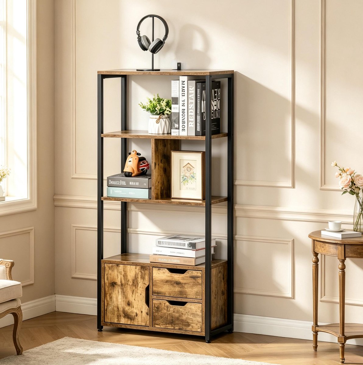 STILVORA Boekenkast – 58 x 24 x 122 Cm – Met Open Vakken, Kastdeur En 2 Laden – Spaanplaat En Staal – Zwart En Houtlook – Woonruimte