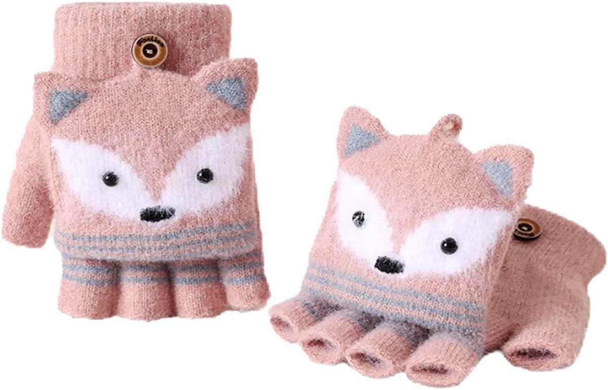 Kinder vingerloze handschoenen - winterhandschoenen met knoop - gebreide wanten - schattige cartoon voor 7-10 jaar - SnelShoppen
