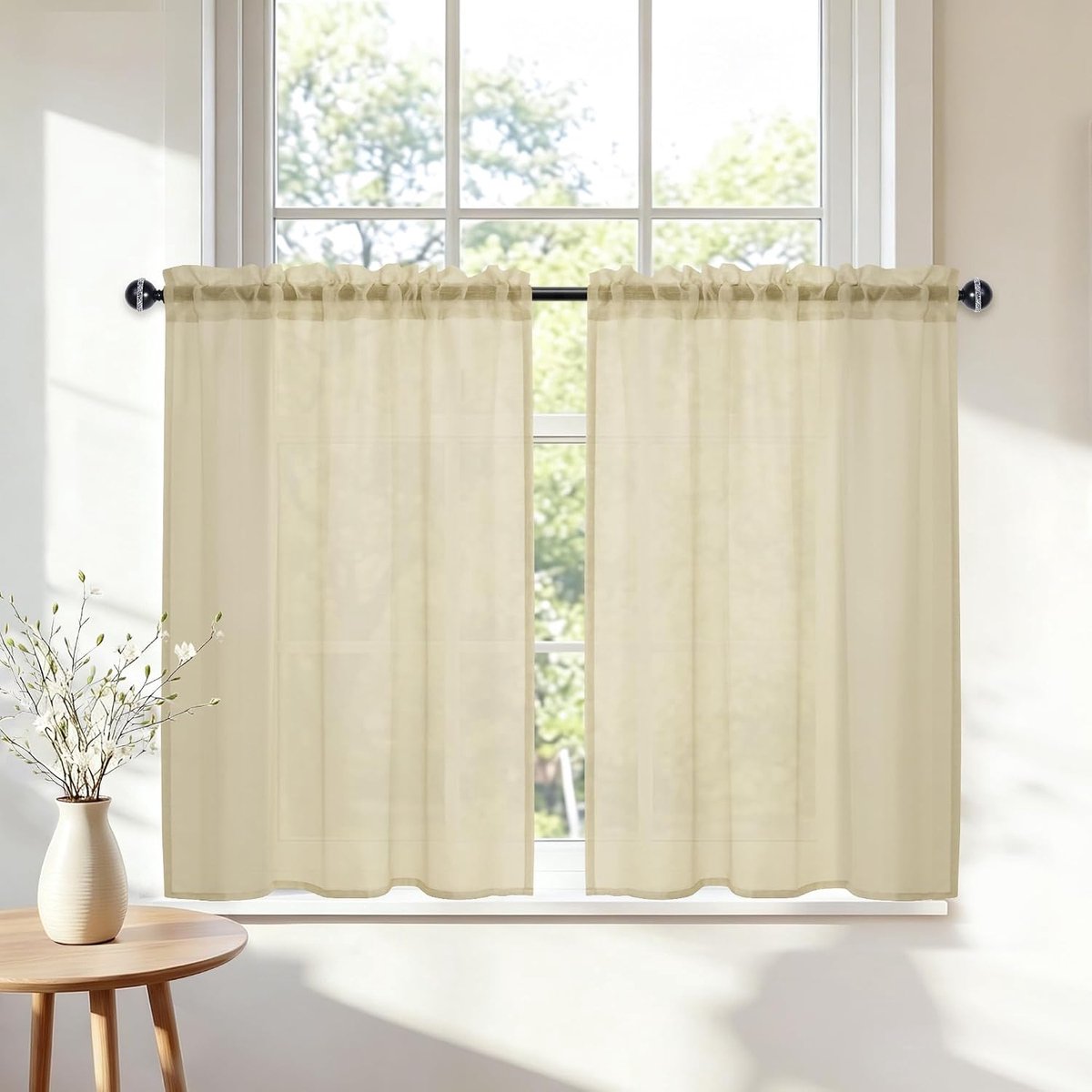 Gordijnen set van 2 - 60 x 60 cm - beige semi-transparant - korte bistro gordijnen voor de keuken - SnelShoppen