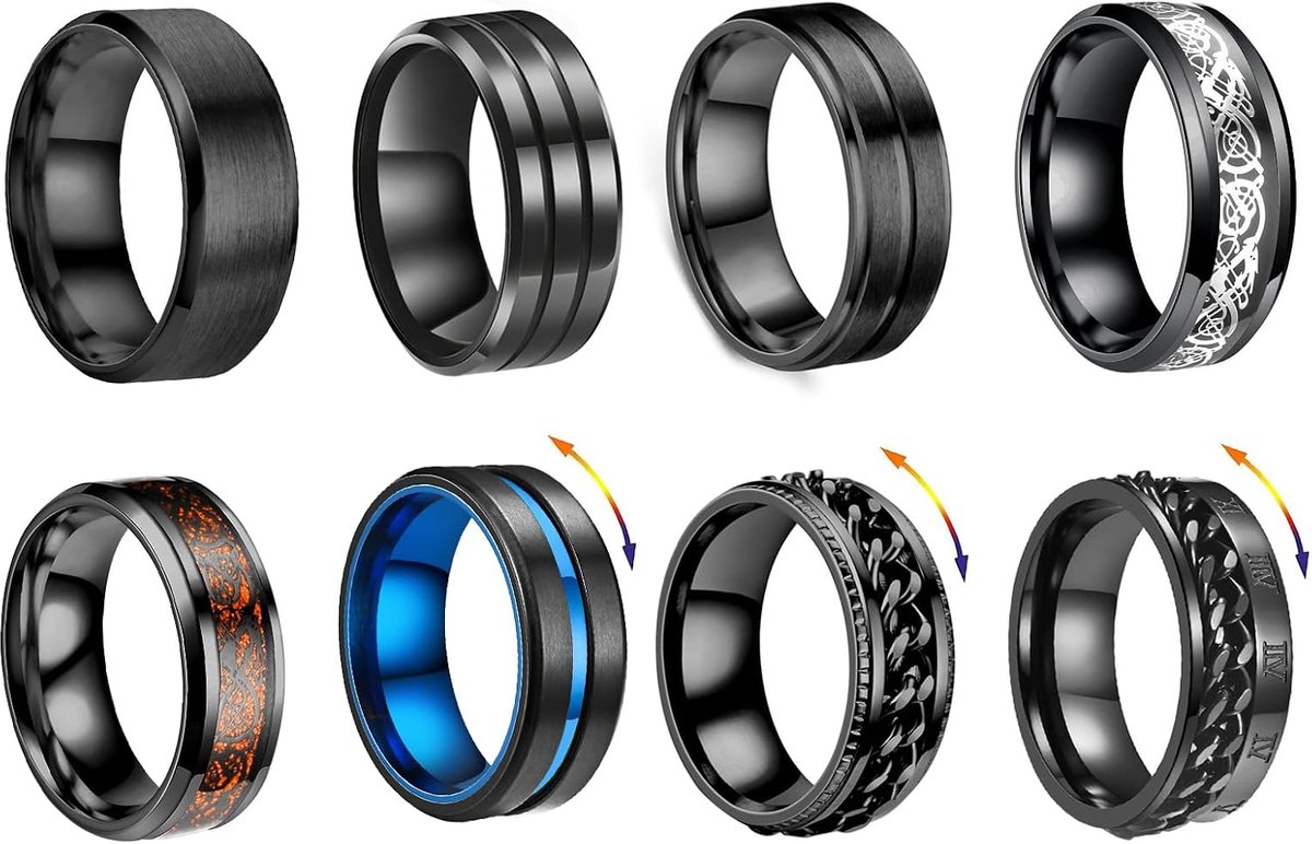 Spinner ring mannen zwart - RVS set van 8 - coole angstringen - perfect voor belofte - SnelShoppen