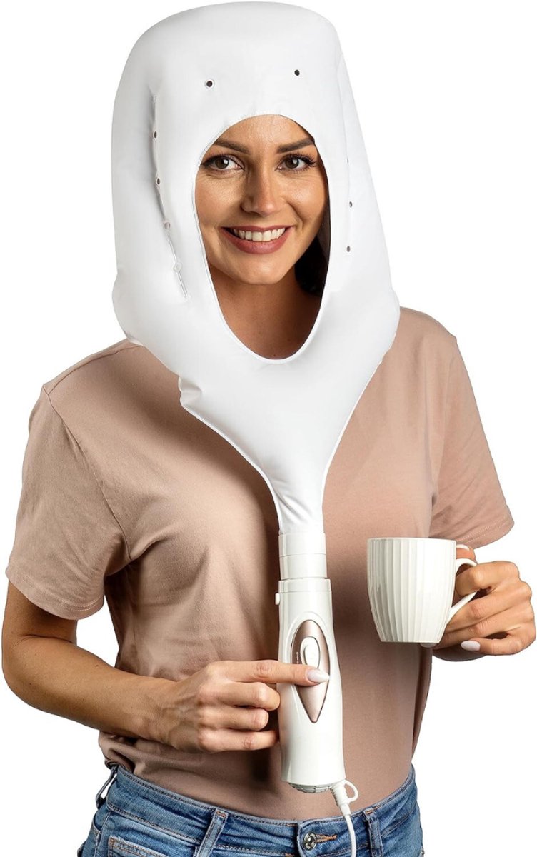 QUOVO® 3-in-1 Droogkap – Haardroogkap – Haardroger Met Droogkap – Fohn Opzetstuk - Föhn En Krulborstel In één - Inclusief Praktische Opbergtas - Haarstomer Voor Thuis - Wit - 20cm x 6cm x 6cm