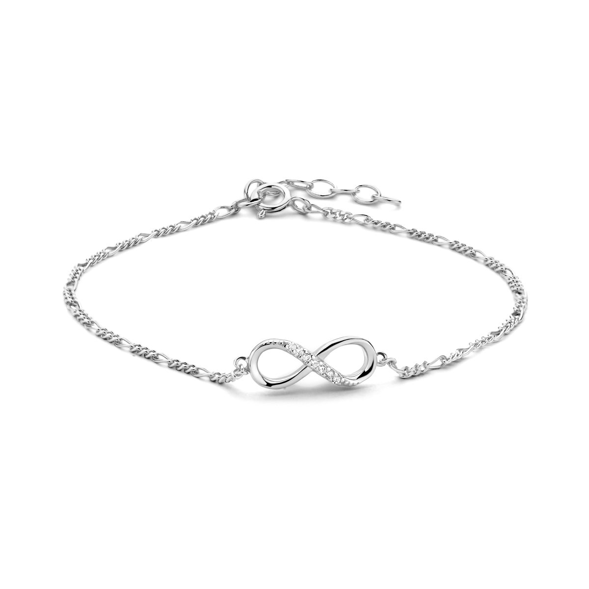 Schitterende Zilveren Armband Infinity met Zirkonia Steentjes verstelbaar 15.5 + 2.5 cm. | Jonline