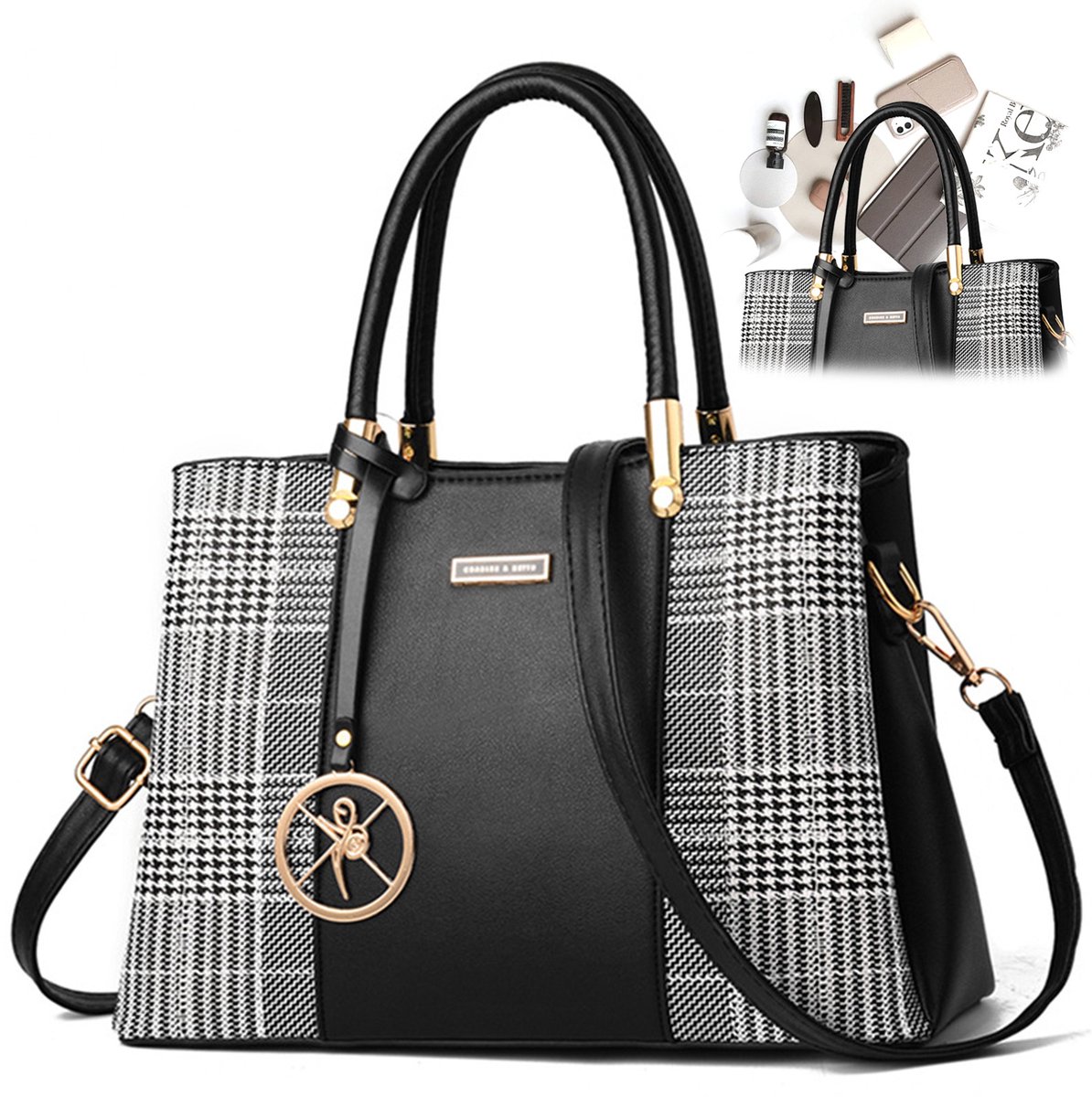 Wishdor Dames Handtas met Hanger - PU Leer - Schoudertas & Shopper - Pied-de-poule Ruitjes - 7 Vakken - Zwart