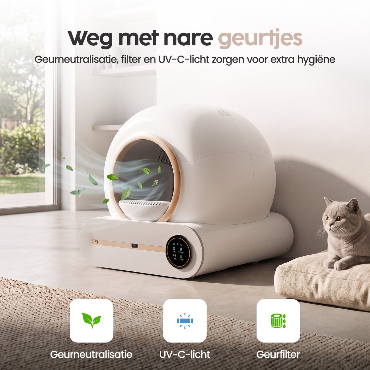 Infinity Goods Automatische Kattenbak XXL - Zelfreinigende Kattenbak - Incl. App - 75L - Met Kattenbakmat en 3 Rollen Opbergzakjes - Wit/Roségoud thumbnail 7