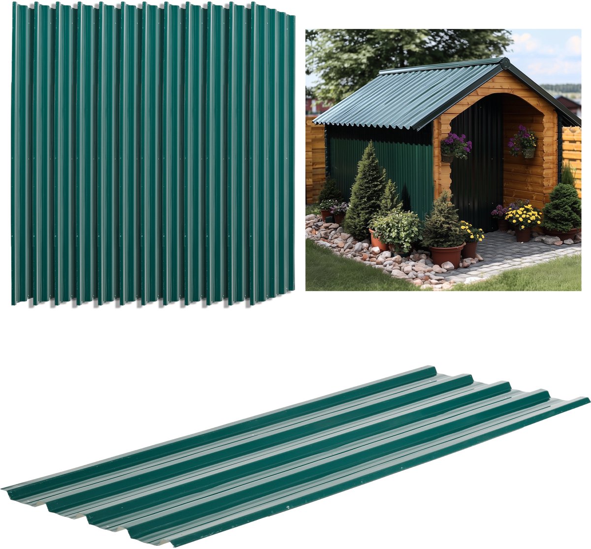 Set van 12 gegalvaniseerde golfplaten – afmetingen 129 x 45 cm – eenvoudig te monteren – (groen)
