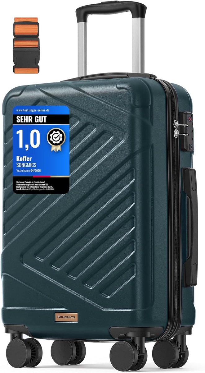 SONGMICS RLP001C101 Koffer, Reiskoffer, Harde koffer met TSA-slot, Kofferriem, ABS-trolley, 4 dubbele wielen, Handbagage, M, 55 cm, Donker turkoois