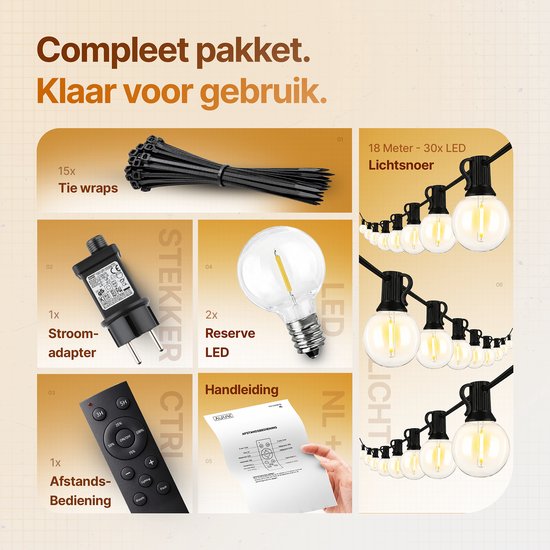 Aurae Buitenverlichting 30 LED - 18 m - Lichtsnoer Buiten en Binnen - IP44 - Prikkabel met Afstandsbediening - Dimfunctie - Timer - Lichtslinger - Sfeerverlichting