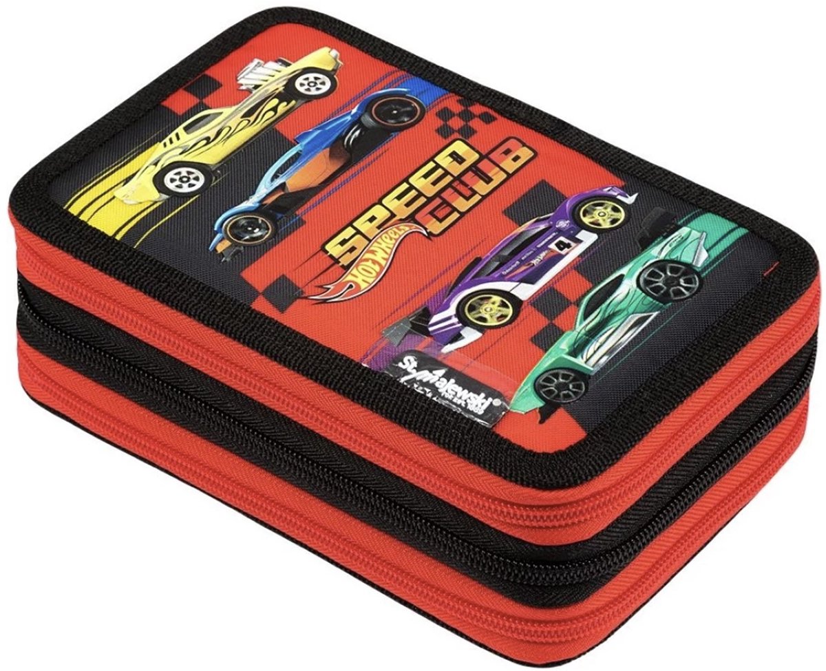Hot Wheels - Etui - XL – gevuld - 3-vaks Etui met 42 Schoolartikelen – Dubbele Rits – 20 x 14 x 7 cm